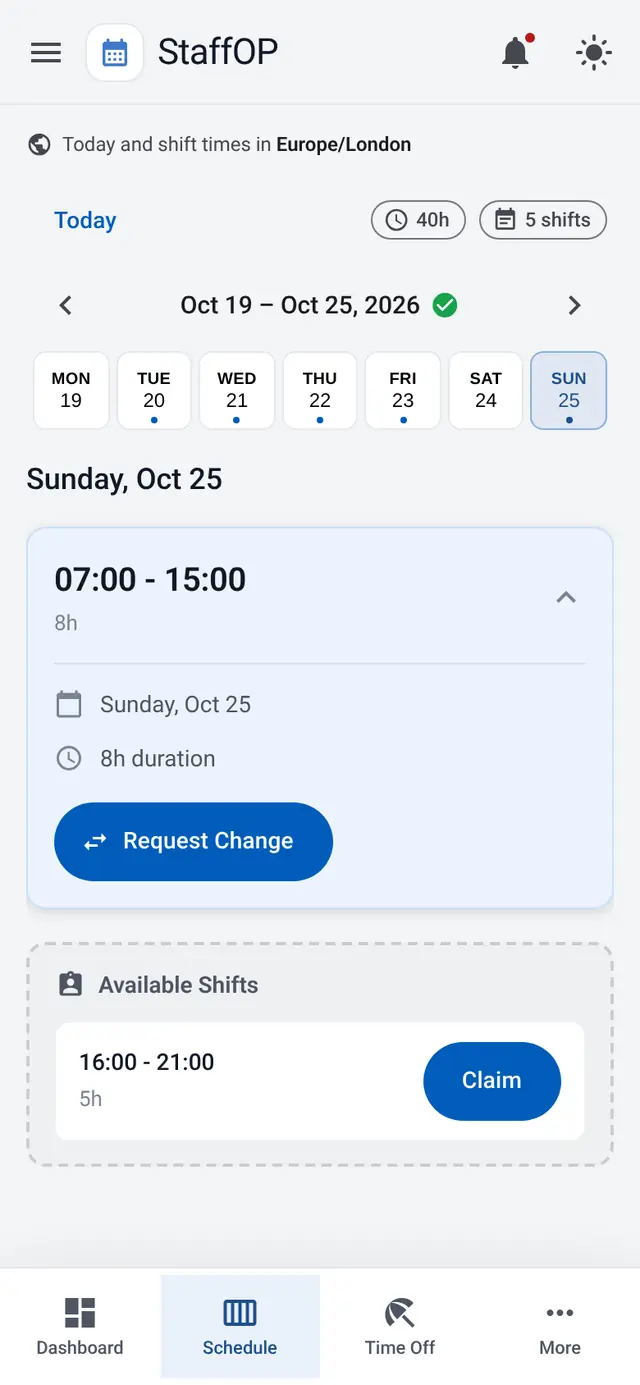 The same week on a staff member's phone: their Sunday shift with a button to request a change, and an open evening shift they can claim.
